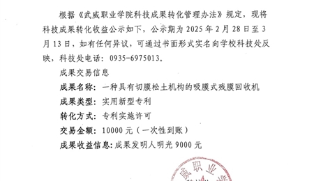 關(guān)于《一種具有切膜松土機構(gòu)的吸膜式殘膜回收機》科技成果轉(zhuǎn)化收益的公示